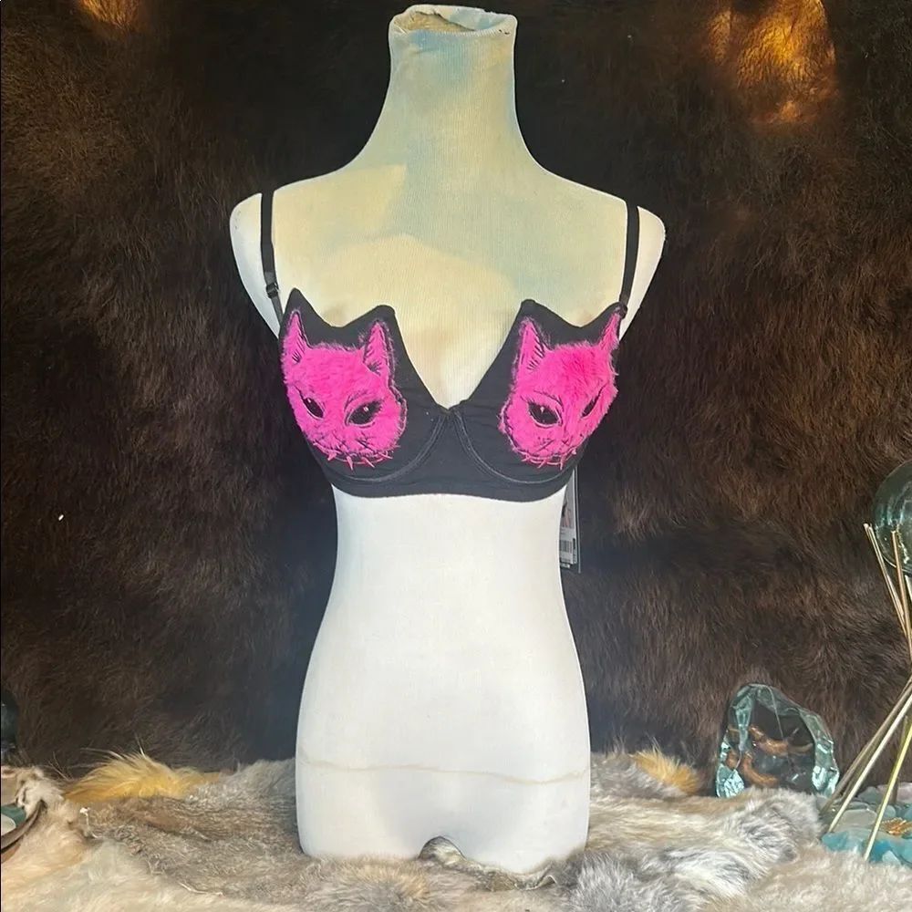 Dolls Kill Black and Pink Cat Face Bra Intimates bra M (4420) NWT